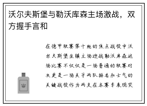 沃尔夫斯堡与勒沃库森主场激战，双方握手言和